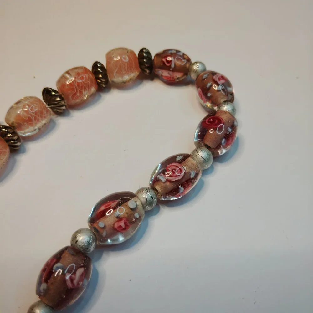 Artisan Made Vintage Pink Glass Bead Necklace Filigree Heart Dangle 19